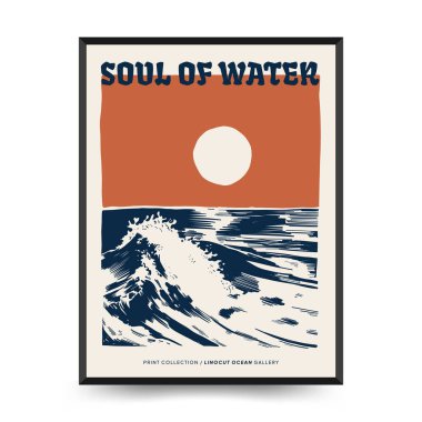 Su altı dünyası, okyanus, deniz, balık ve deniz kabukları dikey uçucu ya da poster şablonu. Modern trend Matisse asgari stili.