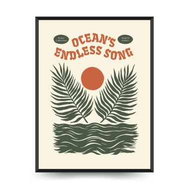 Su altı dünyası, okyanus, deniz, balık ve deniz kabukları dikey uçucu ya da poster şablonu. Modern trend Matisse asgari stili.