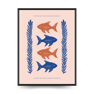 Su altı dünyası, okyanus, deniz, balık ve deniz kabukları dikey uçucu ya da poster şablonu. Modern trend Matisse asgari stili.