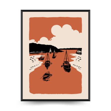 Su altı dünyası, okyanus, deniz, balık ve deniz kabukları dikey uçucu ya da poster şablonu. Modern trend Matisse asgari stili.