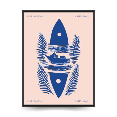 Su altı dünyası, okyanus, deniz, balık ve deniz kabukları dikey uçucu ya da poster şablonu. Modern trend Matisse asgari stili.