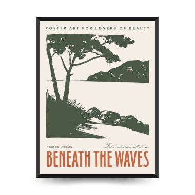 Su altı dünyası, okyanus, deniz, balık ve deniz kabukları dikey uçucu ya da poster şablonu. Modern trend Matisse asgari stili.