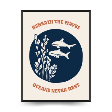 Su altı dünyası, okyanus, deniz, balık ve deniz kabukları dikey uçucu ya da poster şablonu. Modern trend Matisse asgari stili.