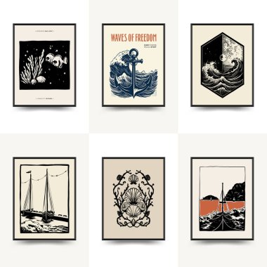 Su altı dünyası, okyanus, deniz, balık ve deniz kabukları dikey uçucu ya da poster şablonu. Modern trend Matisse minimal tarzı. Duvar kağıdı, duvar dekoru, baskı, kartpostal, kapak, şablon, pankart için el çizimi tasarımı.