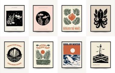 Su altı dünyası, okyanus, deniz, balık ve deniz kabukları dikey uçucu ya da poster şablonu. Modern trend Matisse minimal tarzı. Duvar kağıdı, duvar dekoru, baskı, kartpostal, kapak, şablon, pankart için el çizimi tasarımı.