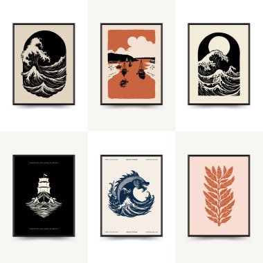 Su altı dünyası, okyanus, deniz, balık ve deniz kabukları dikey uçucu ya da poster şablonu. Modern trend Matisse minimal tarzı. Duvar kağıdı, duvar dekoru, baskı, kartpostal, kapak, şablon, pankart için el çizimi tasarımı.