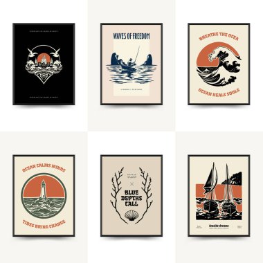 Su altı dünyası, okyanus, deniz, balık ve deniz kabukları dikey uçucu ya da poster şablonu. Modern trend Matisse minimal tarzı. Duvar kağıdı, duvar dekoru, baskı, kartpostal, kapak, şablon, pankart için el çizimi tasarımı.