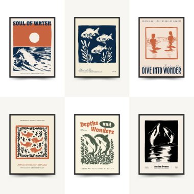 Su altı dünyası, okyanus, deniz, balık ve deniz kabukları dikey uçucu ya da poster şablonu. Modern trend Matisse minimal tarzı. Duvar kağıdı, duvar dekoru, baskı, kartpostal, kapak, şablon, pankart için el çizimi tasarımı.