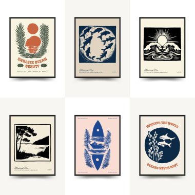 Su altı dünyası, okyanus, deniz, balık ve deniz kabukları dikey uçucu ya da poster şablonu. Modern trend Matisse minimal tarzı. Duvar kağıdı, duvar dekoru, baskı, kartpostal, kapak, şablon, pankart için el çizimi tasarımı.