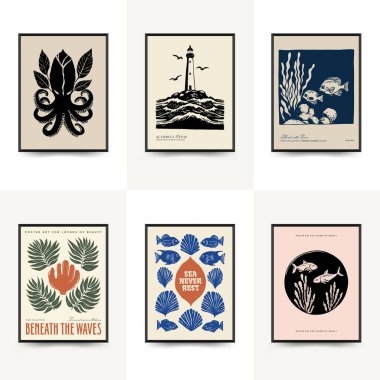 Su altı dünyası, okyanus, deniz, balık ve deniz kabukları dikey uçucu ya da poster şablonu. Modern trend Matisse minimal tarzı. Duvar kağıdı, duvar dekoru, baskı, kartpostal, kapak, şablon, pankart için el çizimi tasarımı.