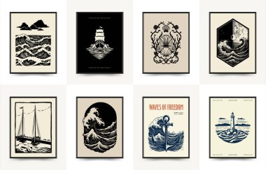 Su altı dünyası, okyanus, deniz, balık ve deniz kabukları dikey uçucu ya da poster şablonu. Modern trend Matisse minimal tarzı. Duvar kağıdı, duvar dekoru, baskı, kartpostal, kapak, şablon, pankart için el çizimi tasarımı.