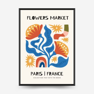 Soyut çiçek posterleri şablonu. Modern trend Matisse minimal tarzı. Pembe ve mavi renkler. Duvar kağıdı, duvar dekoru, baskı, kartpostal, kapak, şablon, pankart için el çizimi tasarımı. 