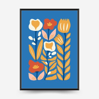 Soyut çiçek posterleri şablonu. Modern trend Matisse minimal tarzı. Pembe ve mavi renkler. Duvar kağıdı, duvar dekoru, baskı, kartpostal, kapak, şablon, pankart için el çizimi tasarımı. 