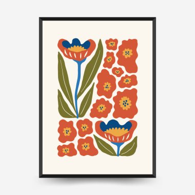 Soyut çiçek posterleri şablonu. Modern trend Matisse minimal tarzı. Pembe ve mavi renkler. Duvar kağıdı, duvar dekoru, baskı, kartpostal, kapak, şablon, pankart için el çizimi tasarımı. 