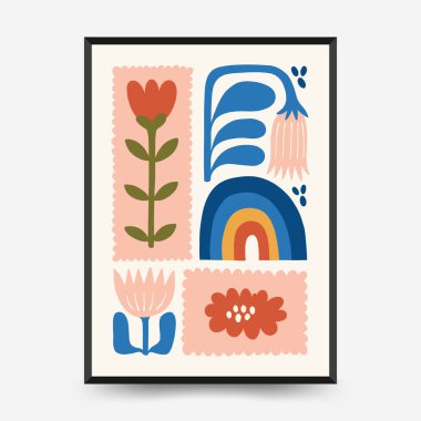 Soyut çiçek posterleri şablonu. Modern trend Matisse minimal tarzı. Pembe ve mavi renkler. Duvar kağıdı, duvar dekoru, baskı, kartpostal, kapak, şablon, pankart için el çizimi tasarımı. 