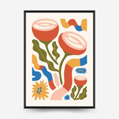 Soyut çiçek posterleri şablonu. Modern trend Matisse minimal tarzı. Pembe ve mavi renkler. Duvar kağıdı, duvar dekoru, baskı, kartpostal, kapak, şablon, pankart için el çizimi tasarımı. 