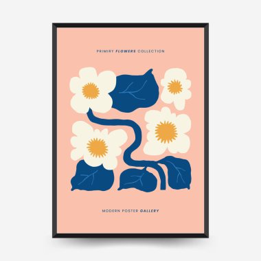 Soyut çiçek posterleri şablonu. Modern trend Matisse minimal tarzı. Pembe ve mavi renkler. Duvar kağıdı, duvar dekoru, baskı, kartpostal, kapak, şablon, pankart için el çizimi tasarımı. 