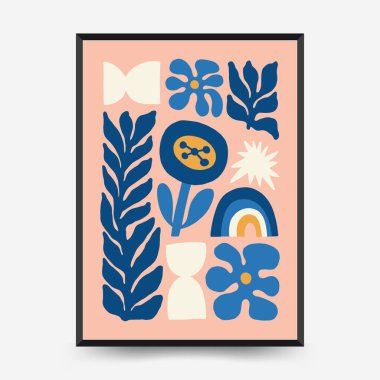 Soyut çiçek posterleri şablonu. Modern trend Matisse minimal tarzı. Pembe ve mavi renkler. Duvar kağıdı, duvar dekoru, baskı, kartpostal, kapak, şablon, pankart için el çizimi tasarımı. 
