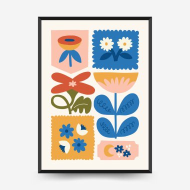 Soyut çiçek posterleri şablonu. Modern trend Matisse minimal tarzı. Pembe ve mavi renkler. Duvar kağıdı, duvar dekoru, baskı, kartpostal, kapak, şablon, pankart için el çizimi tasarımı. 