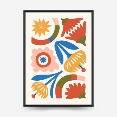 Soyut çiçek posterleri şablonu. Modern trend Matisse minimal tarzı. Pembe ve mavi renkler. Duvar kağıdı, duvar dekoru, baskı, kartpostal, kapak, şablon, pankart için el çizimi tasarımı. 