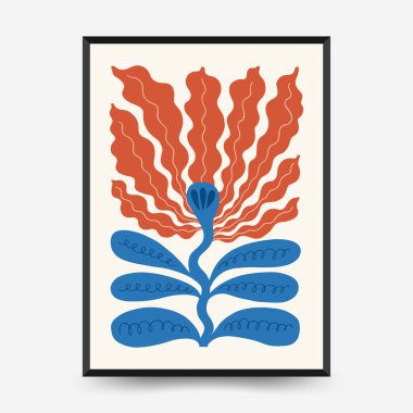 Soyut çiçek posterleri şablonu. Modern trend Matisse minimal tarzı. Pembe ve mavi renkler. Duvar kağıdı, duvar dekoru, baskı, kartpostal, kapak, şablon, pankart için el çizimi tasarımı. 