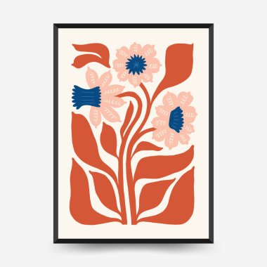 Soyut çiçek posterleri şablonu. Modern trend Matisse minimal tarzı. Pembe ve mavi renkler. Duvar kağıdı, duvar dekoru, baskı, kartpostal, kapak, şablon, pankart için el çizimi tasarımı. 