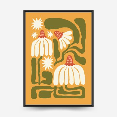 Soyut çiçek posterleri şablonu. Modern trend Matisse minimal tarzı. Pembe ve mavi renkler. Duvar kağıdı, duvar dekoru, baskı, kartpostal, kapak, şablon, pankart için el çizimi tasarımı. 