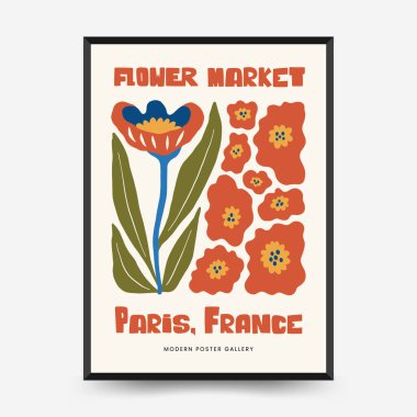 Soyut çiçek posterleri şablonu. Modern trend Matisse minimal tarzı. Pembe ve mavi renkler. Duvar kağıdı, duvar dekoru, baskı, kartpostal, kapak, şablon, pankart için el çizimi tasarımı. 