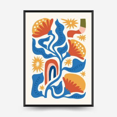 Soyut çiçek posterleri şablonu. Modern trend Matisse minimal tarzı. Pembe ve mavi renkler. Duvar kağıdı, duvar dekoru, baskı, kartpostal, kapak, şablon, pankart için el çizimi tasarımı. 