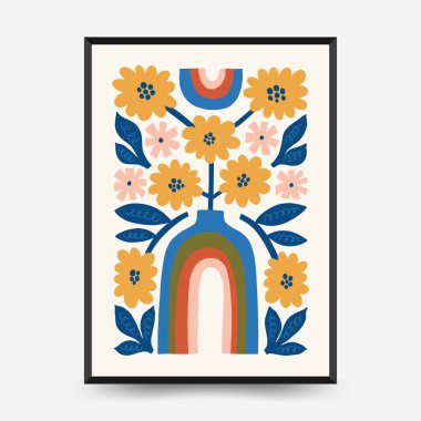 Soyut çiçek posterleri şablonu. Modern trend Matisse minimal tarzı. Pembe ve mavi renkler. Duvar kağıdı, duvar dekoru, baskı, kartpostal, kapak, şablon, pankart için el çizimi tasarımı. 