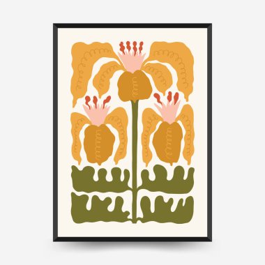 Soyut çiçek posterleri şablonu. Modern trend Matisse minimal tarzı. Pembe ve mavi renkler. Duvar kağıdı, duvar dekoru, baskı, kartpostal, kapak, şablon, pankart için el çizimi tasarımı. 