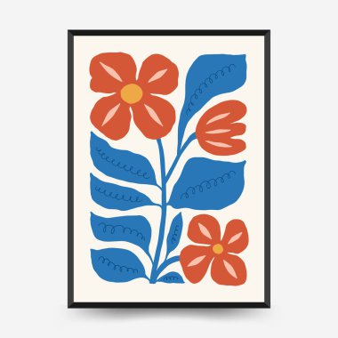 Soyut çiçek posterleri şablonu. Modern trend Matisse minimal tarzı. Pembe ve mavi renkler. Duvar kağıdı, duvar dekoru, baskı, kartpostal, kapak, şablon, pankart için el çizimi tasarımı. 