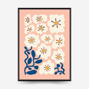Soyut çiçek posterleri şablonu. Modern trend Matisse minimal tarzı. Pembe ve mavi renkler. Duvar kağıdı, duvar dekoru, baskı, kartpostal, kapak, şablon, pankart için el çizimi tasarımı. 