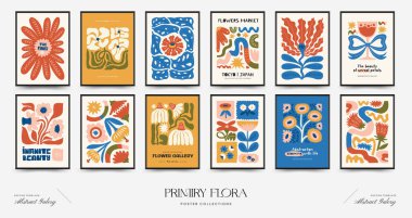 Soyut çiçek posterleri şablonu. Modern trend Matisse minimal tarzı. Pembe ve mavi renkler. Duvar kağıdı, duvar dekoru, baskı, kartpostal, kapak, şablon, pankart için el çizimi tasarımı. 