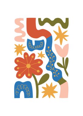 Çiçek soyut elementler. Botanik kompozisyonu. Modern trend Matisse minimal tarzı. Çiçek posteri, davet. Tebrik kartı veya davet tasarımı için vektör düzenlemeleri