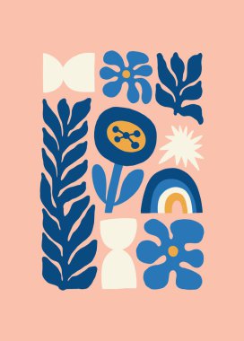 Çiçek soyut elementler. Botanik kompozisyonu. Modern trend Matisse minimal tarzı. Çiçek posteri, davet. Tebrik kartı veya davet tasarımı için vektör düzenlemeleri