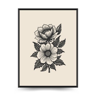 Soyut linocut çiçek posteri şablonu. Modern moda minimal tarz. Siyah ve beyaz renkler. Botanik tıkanıklığı. Duvar kağıdı, duvar dekoru, baskı, kartpostal, kapak, şablon için el çizimi tasarımı. 