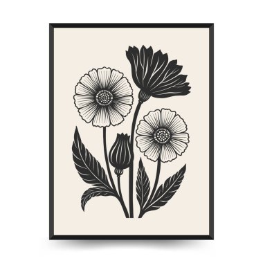 Soyut linocut çiçek posteri şablonu. Modern moda minimal tarz. Siyah ve beyaz renkler. Botanik tıkanıklığı. Duvar kağıdı, duvar dekoru, baskı, kartpostal, kapak, şablon için el çizimi tasarımı. 