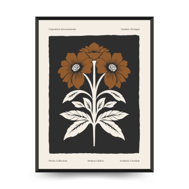 Soyut linocut çiçek posteri şablonu. Modern moda minimal tarz. Siyah ve beyaz renkler. Botanik tıkanıklığı. Duvar kağıdı, duvar dekoru, baskı, kartpostal, kapak, şablon için el çizimi tasarımı. 