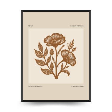 Soyut linocut çiçek posteri şablonu. Modern moda minimal tarz. Siyah ve beyaz renkler. Botanik tıkanıklığı. Duvar kağıdı, duvar dekoru, baskı, kartpostal, kapak, şablon için el çizimi tasarımı. 