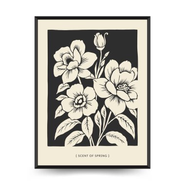Soyut linocut çiçek posteri şablonu. Modern moda minimal tarz. Siyah ve beyaz renkler. Botanik tıkanıklığı. Duvar kağıdı, duvar dekoru, baskı, kartpostal, kapak, şablon için el çizimi tasarımı. 
