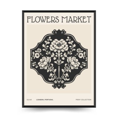 Soyut linocut çiçek posteri şablonu. Modern moda minimal tarz. Siyah ve beyaz renkler. Botanik tıkanıklığı. Duvar kağıdı, duvar dekoru, baskı, kartpostal, kapak, şablon için el çizimi tasarımı. 