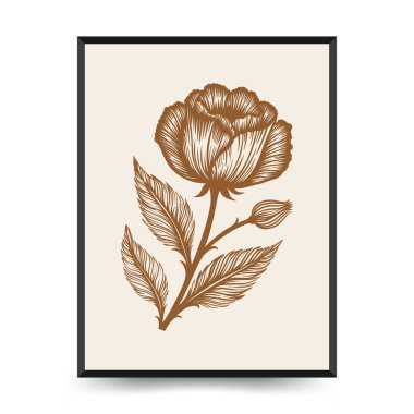 Soyut linocut çiçek posteri şablonu. Modern moda minimal tarz. Siyah ve beyaz renkler. Botanik tıkanıklığı. Duvar kağıdı, duvar dekoru, baskı, kartpostal, kapak, şablon için el çizimi tasarımı. 