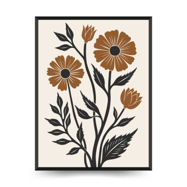 Soyut linocut çiçek posteri şablonu. Modern moda minimal tarz. Siyah ve beyaz renkler. Botanik tıkanıklığı. Duvar kağıdı, duvar dekoru, baskı, kartpostal, kapak, şablon için el çizimi tasarımı. 