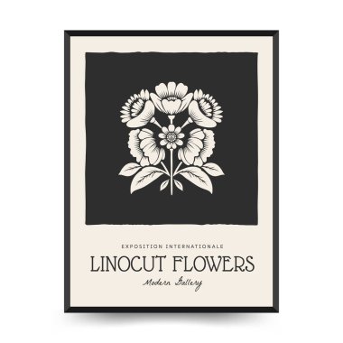 Soyut linocut çiçek posteri şablonu. Modern moda minimal tarz. Siyah ve beyaz renkler. Botanik tıkanıklığı. Duvar kağıdı, duvar dekoru, baskı, kartpostal, kapak, şablon için el çizimi tasarımı. 