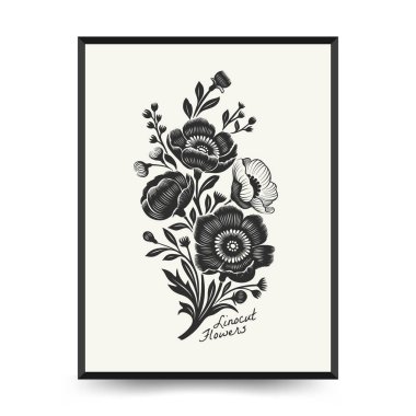 Soyut linocut çiçek posteri şablonu. Modern moda minimal tarz. Siyah ve beyaz renkler. Botanik tıkanıklığı. Duvar kağıdı, duvar dekoru, baskı, kartpostal, kapak, şablon için el çizimi tasarımı. 