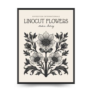 Soyut linocut çiçek posteri şablonu. Modern moda minimal tarz. Siyah ve beyaz renkler. Botanik tıkanıklığı. Duvar kağıdı, duvar dekoru, baskı, kartpostal, kapak, şablon için el çizimi tasarımı. 