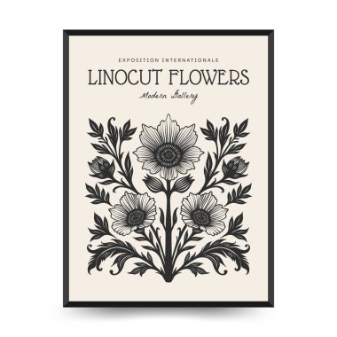 Abstract linocut floral posters template. Modern trendy minimal style. Black and white colors. Botanical blockprint. Hand drawn design for wallpaper, wall decor, print, postcard, cover, template.  clipart