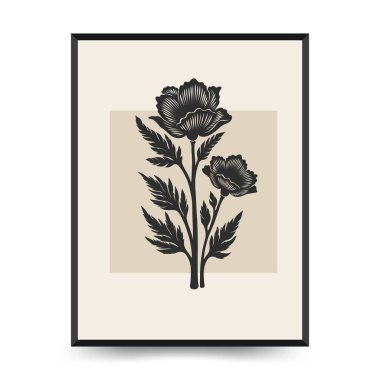 Soyut linocut çiçek posteri şablonu. Modern moda minimal tarz. Siyah ve beyaz renkler. Botanik tıkanıklığı. Duvar kağıdı, duvar dekoru, baskı, kartpostal, kapak, şablon için el çizimi tasarımı. 