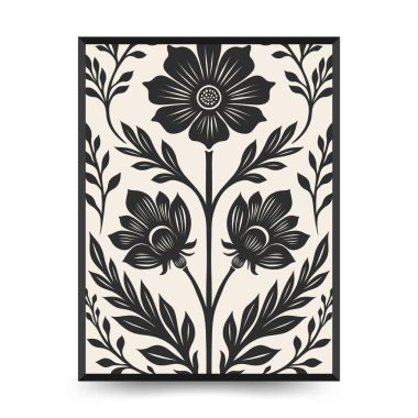 Soyut linocut çiçek posteri şablonu. Modern moda minimal tarz. Siyah ve beyaz renkler. Botanik tıkanıklığı. Duvar kağıdı, duvar dekoru, baskı, kartpostal, kapak, şablon için el çizimi tasarımı. 